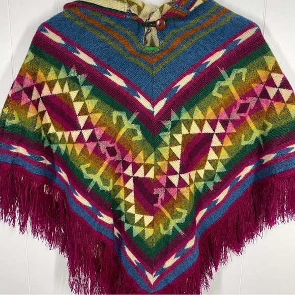 Multi Color Striped Geometric Design Fringe Poncho Sweater - One Size - Picture 3 of 4